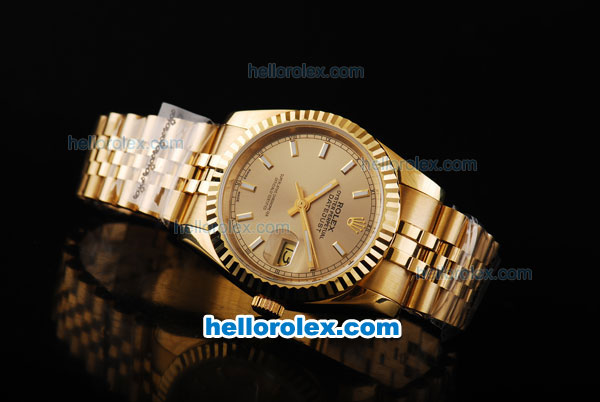 Rolex Datejust Automatic Movement Full Gold with Gold Dial and White Stick Marking - Click Image to Close